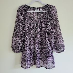 Ditsy Floral Print V‎ neck Spring Sheer Blouse Size XL